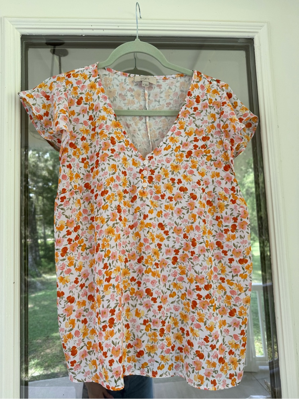 LOFT Short-Sleeve Floral V-Neck Top in Orange and Pink